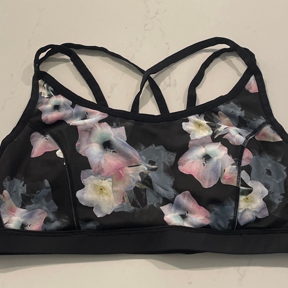 Charlie Jade Sports Bra Black with Floral Print Strappy women’s Small